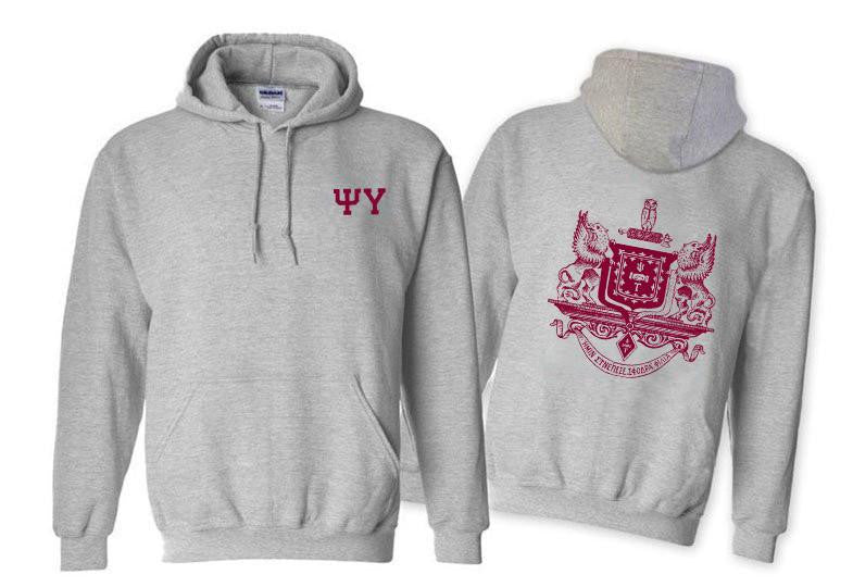 Printify Psi Upsilon World Famous Crest Shield Hooded Sweatshirts Psi Upsilon World Famous Crest - Shield Hooded Sweatshirts