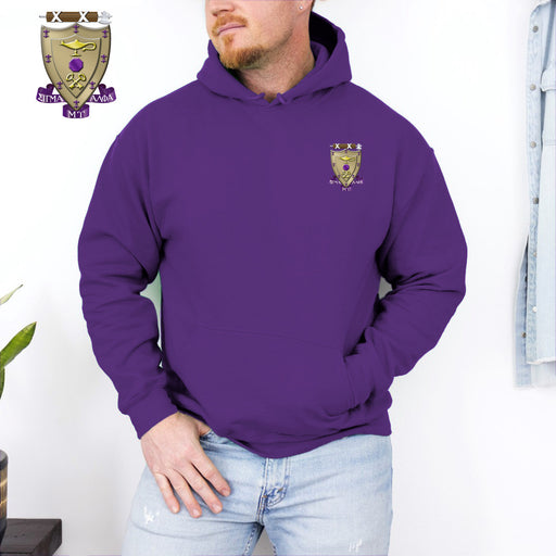 Sigma Alpha Mu DISCOUNT-Sigma Alpha Mu Crest - Shield Emblem Hooded Sweatshirt