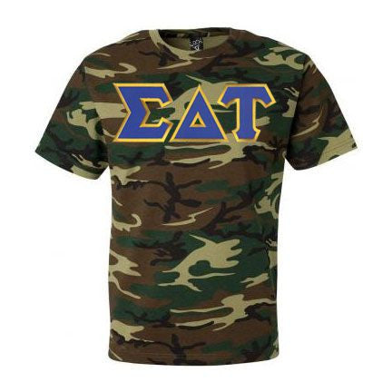 Discount Sigma Delta Tau Lettered Camouflage T Shirt DISCOUNT-Sigma Delta Tau Lettered Camouflage T-Shirt