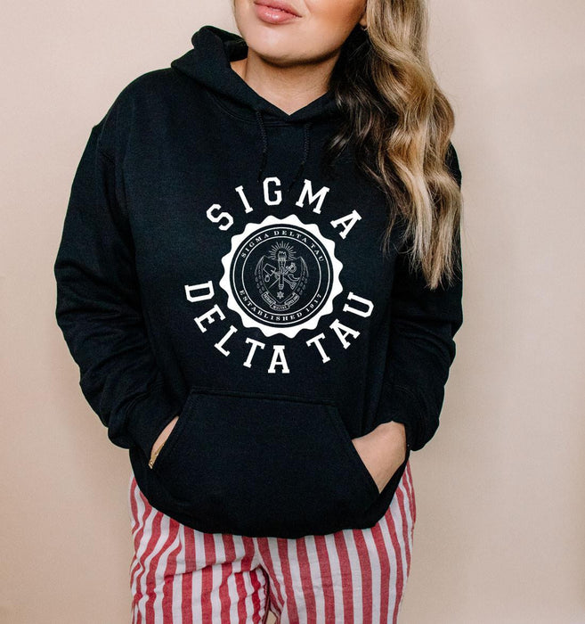 Printify Sigma Delta Tau Unisex College Seal Hoodie Sigma Delta Tau Unisex College Seal Hoodie