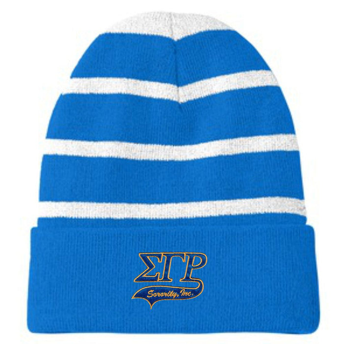 Sigma Gamma Rho Striped Beanie With Solid Band Sigma Gamma Rho Striped Beanie with Solid Band