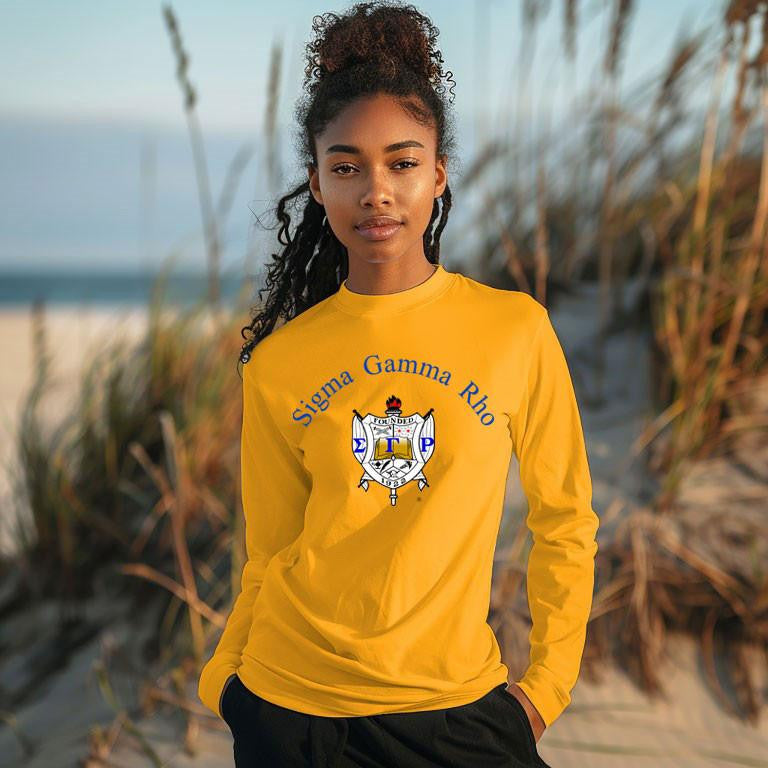 Printify Sigma Gamma Rho World Famous Color Crest Long Sleeve T Shirt Sigma Gamma Rho World Famous Color Crest Long Sleeve T-Shirt