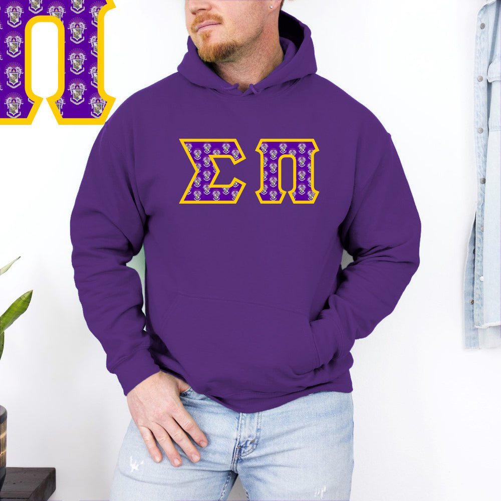 Sigma Pi Fraternity Crest Shield Twill Letter Hooded Sweatshirt Sigma Pi Fraternity Crest - Shield Twill Letter Hooded Sweatshirt