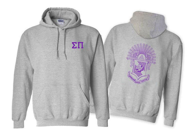 Printify Sigma Pi World Famous Crest Shield Hooded Sweatshirts Sigma Pi World Famous Crest - Shield Hooded Sweatshirts