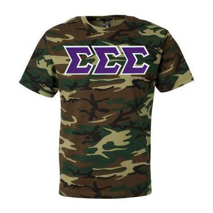 Discount Sigma Sigma Sigma Lettered Camouflage T Shirt DISCOUNT-Sigma Sigma Sigma Lettered Camouflage T-Shirt