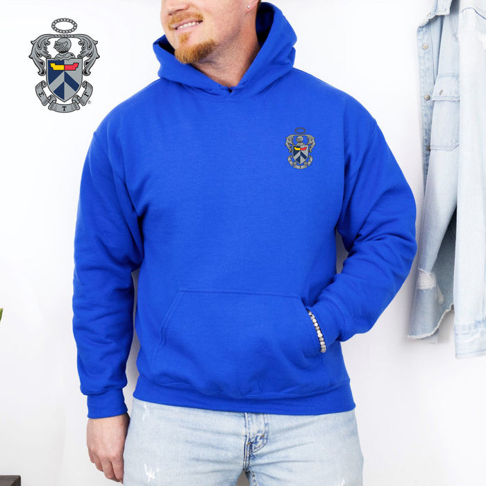 Discount Sigma Tau Gamma Crest Shield Emblem Hooded Sweatshirt DISCOUNT-Sigma Tau Gamma Crest - Shield Emblem Hooded Sweatshirt