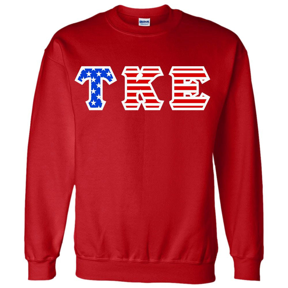 Discount Tau Kappa Epsilon Greek Letter American Flag Crewneck DISCOUNT-Tau Kappa Epsilon Greek Letter American Flag Crewneck