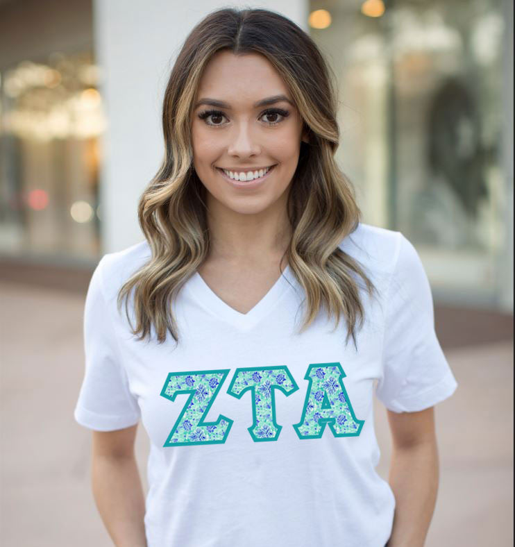 Discount Zeta Tau Alpha Lettered V Neck Tee DISCOUNT-Zeta Tau Alpha Lettered V-Neck Tee