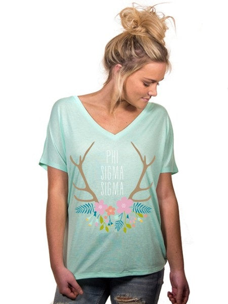 Phi Sigma Sigma Floral Antler Slouchy V-Neck Tee