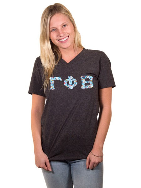 Gamma Phi Beta Unisex V-Neck T-Shirt with Sewn-On Letters