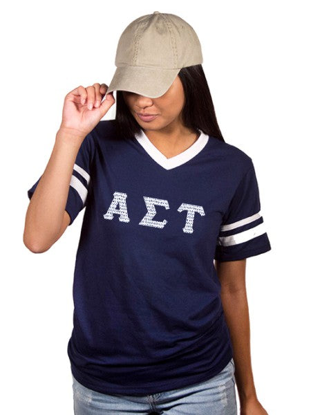 Alpha Sigma Tau Striped Sleeve Jersey Shirt with Sewn-On Letters