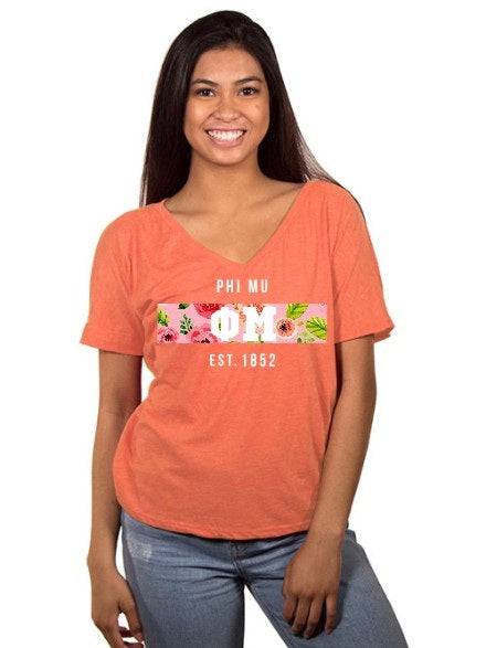 Phi Mu Floral Letter Box Slouchy V-Neck Tee