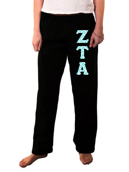 Zeta Tau Alpha Open Bottom Sweatpants with Sewn-On Letters
