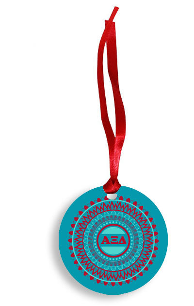 Alpha Xi Delta Blue and Red Circle Pattern Sunburst Ornament