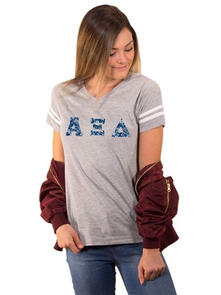 Alpha Xi Delta Football Tee Shirt with Sewn-On Letters