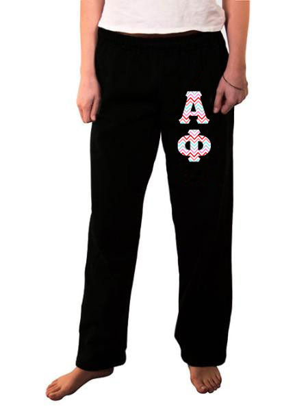 Alpha Phi Open Bottom Sweatpants with Sewn-On Letters