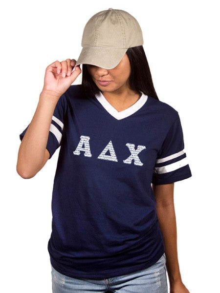 Alpha Phi Striped Sleeve Jersey Shirt with Sewn-On Letters