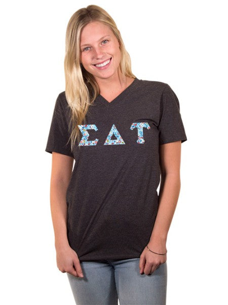 Sigma Delta Tau Unisex V-Neck T-Shirt with Sewn-On Letters