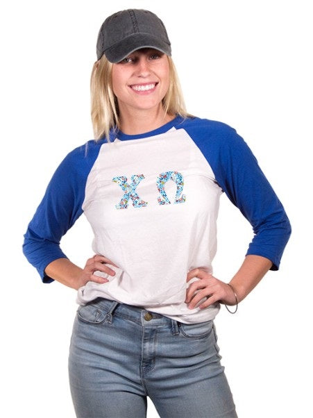 Chi Omega Unisex 3/4 Sleeve Baseball T-Shirt with Sewn-On Letters