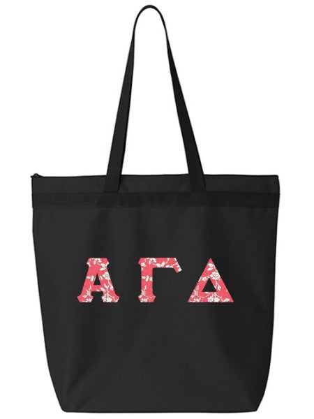 Alpha Gamma Delta Large Zippered Tote Bag with Sewn-On Letters