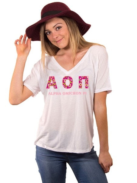 Alpha Omicron Pi Floral Letters Slouchy V-Neck Tee