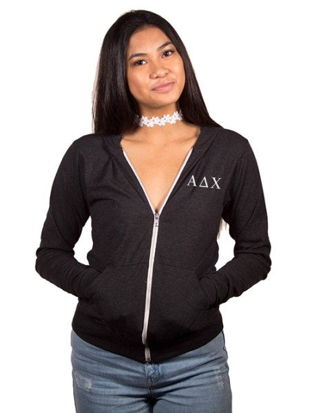Alpha Delta Chi Embroidered Triblend Lightweight Hooded Full Zip