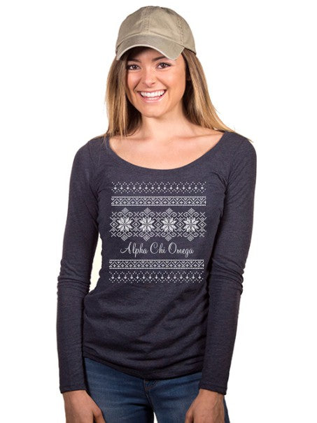 Alpha Chi Omega Holiday Snowflake Fitted Long-Sleeve Scoop Tee