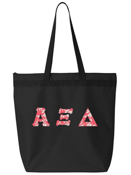 Alpha Xi Delta Large Zippered Tote Bag with Sewn-On Letters