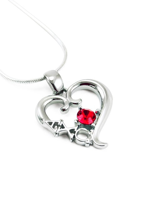 Alpha Chi Omega Sterling Silver Heart Pendant with Colored Swarovski Crystal
