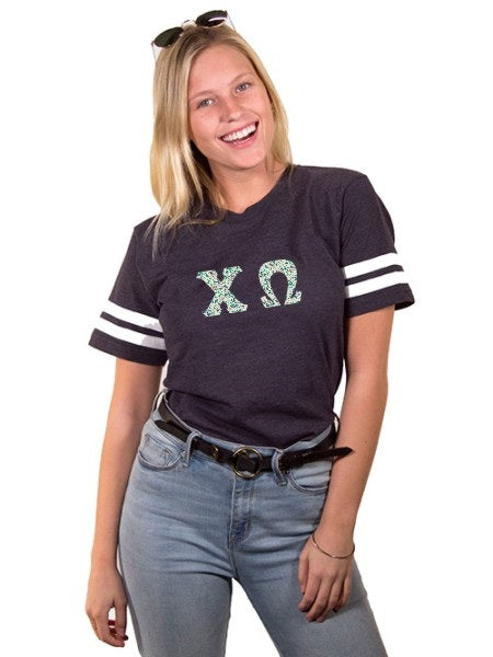 Chi Omega Football Tee Shirt with Sewn-On Letters