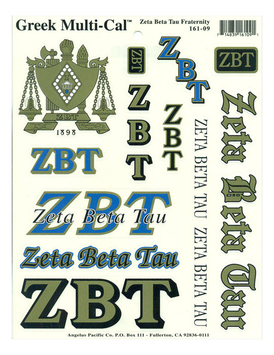 Zeta Beta Tau Multi Greek Decal Sticker Sheet