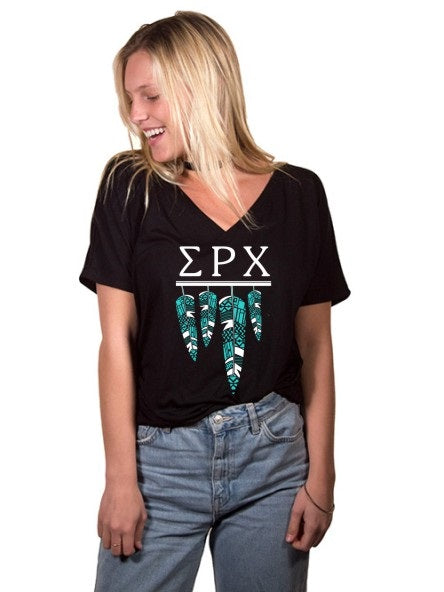 Panhellenic Tribal Feathers Slouchy V-neck Tee