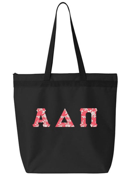 Alpha Delta Pi Large Zippered Tote Bag with Sewn-On Letters