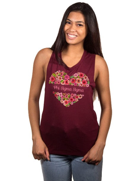 Phi Sigma Sigma Floral Heart Flowy Muscle Tank