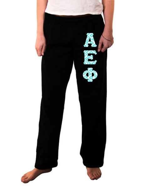 Alpha Epsilon Phi Open Bottom Sweatpants with Sewn-On Letters