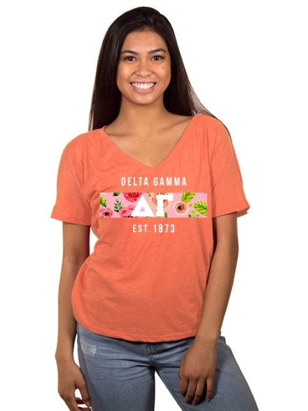 Delta Gamma Floral Letter Box Slouchy V-Neck Tee