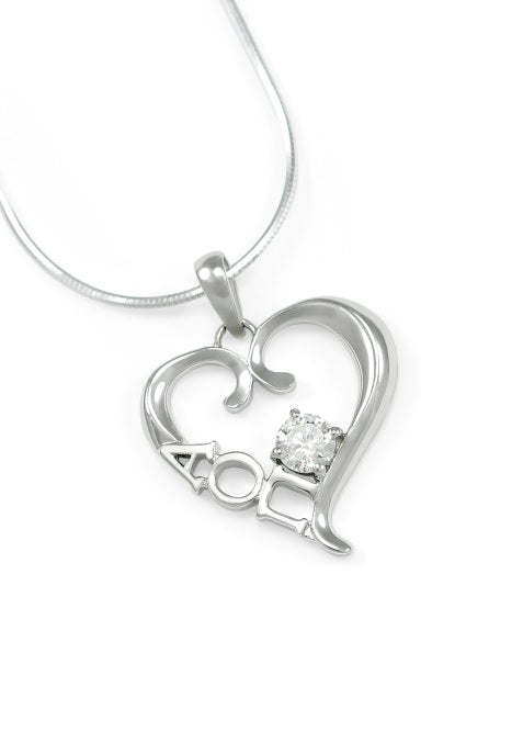 Alpha Omicron Pi Sterling Silver Heart Pendant with Colored Swarovski Crystal
