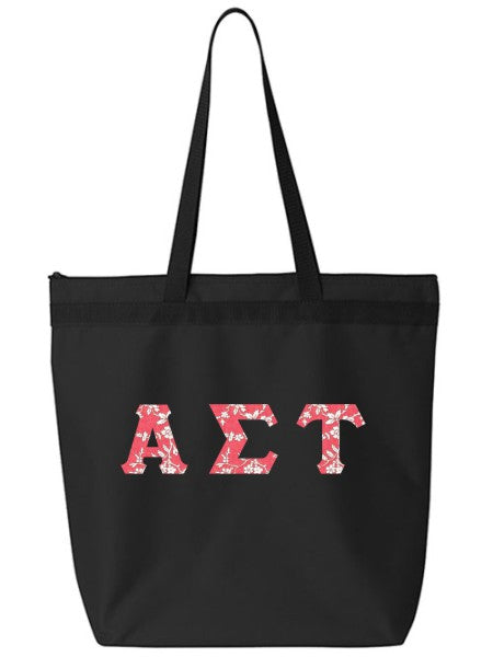 Alpha Sigma Tau Large Zippered Tote Bag with Sewn-On Letters