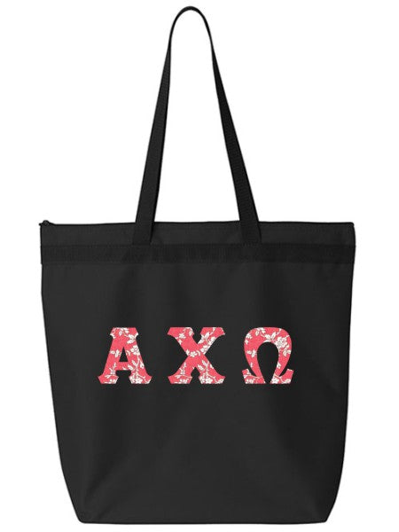 Alpha Chi Omega Large Zippered Tote Bag with Sewn-On Letters