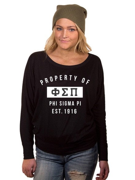 Phi Sigma Pi Property of Flowy Long Sleeve Off Shoulder Tee