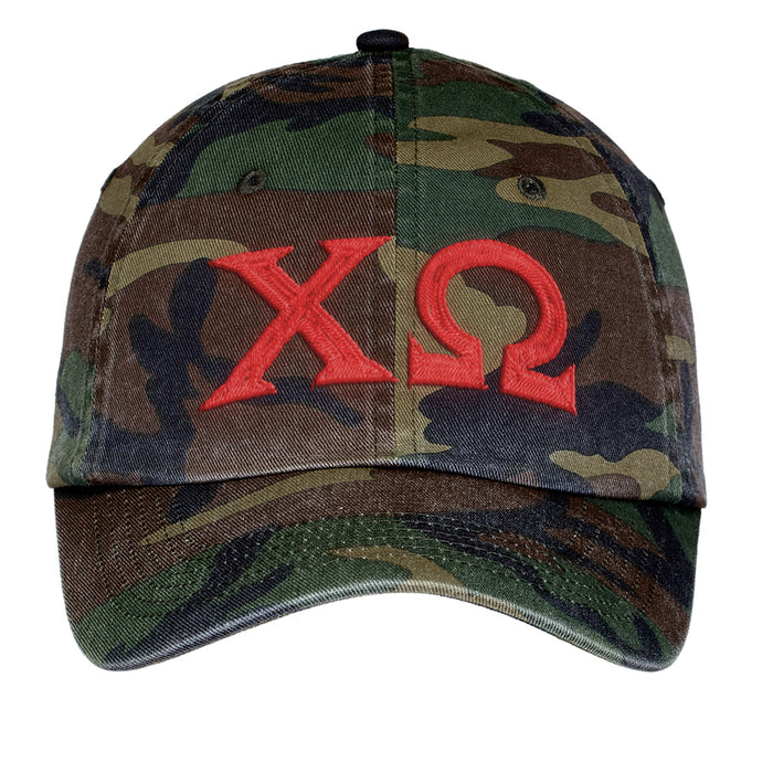 Chi Omega Letters Embroidered Camouflage Hat