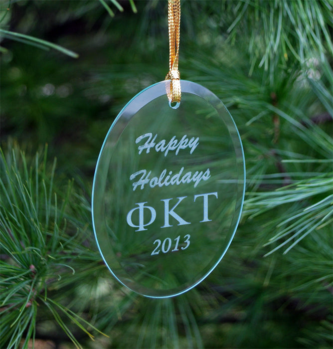 Phi Kappa Tau Engraved Glass Ornament