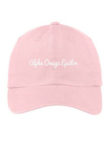 Alpha Omega Epsilon Cursive Embroidered Hat