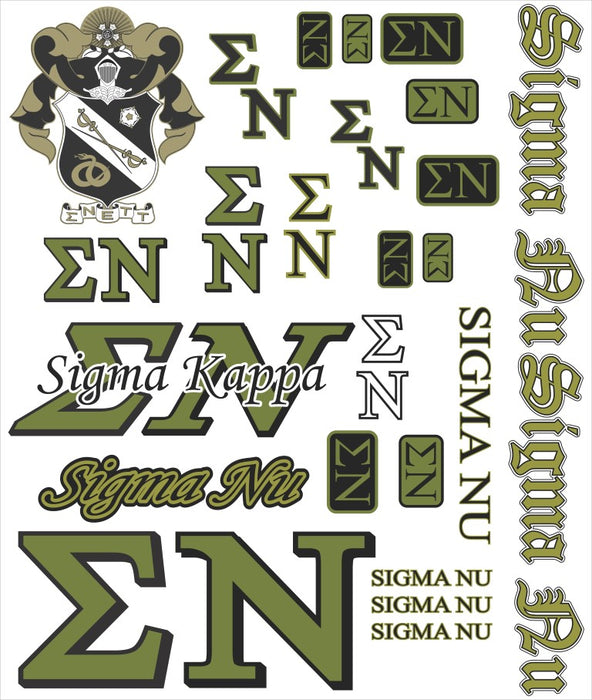 Sigma Nu Multi Greek Decal Sticker Sheet