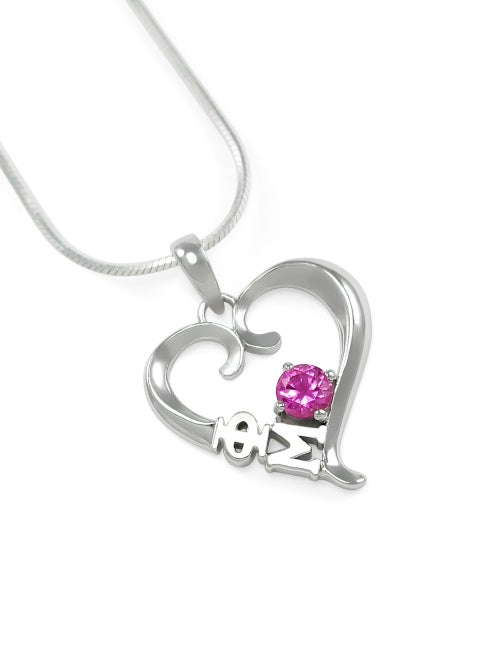 Phi Mu Sterling Silver Heart Pendant with Colored Swarovski Crystal