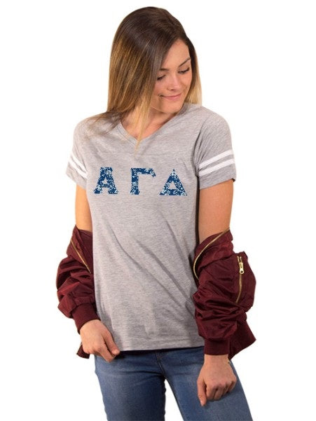 Alpha Gamma Delta Football Tee Shirt with Sewn-On Letters