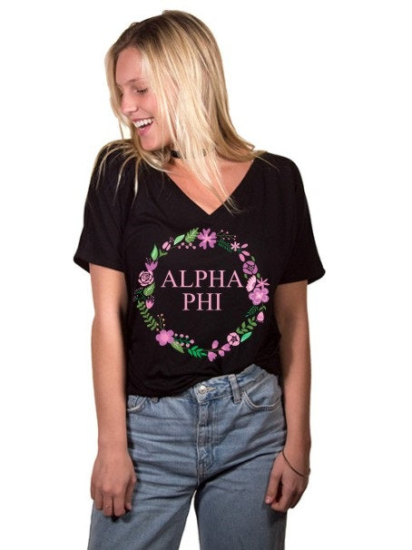 Alpha Phi Floral Wreath Slouchy V-Neck Tee