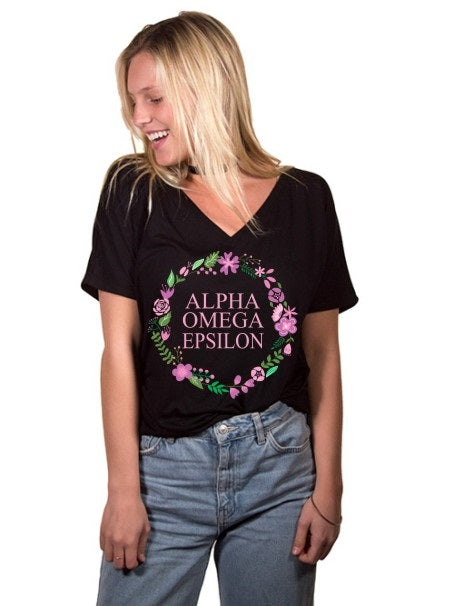 Alpha Omega Epsilon Floral Wreath Slouchy V-Neck Tee