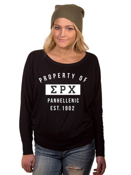Panhellenic Property of Flowy Long Sleeve Off Shoulder Tee