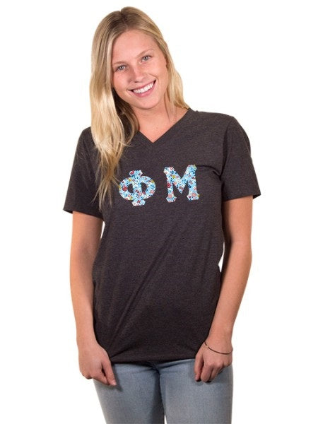 Phi Mu Unisex V-Neck T-Shirt with Sewn-On Letters